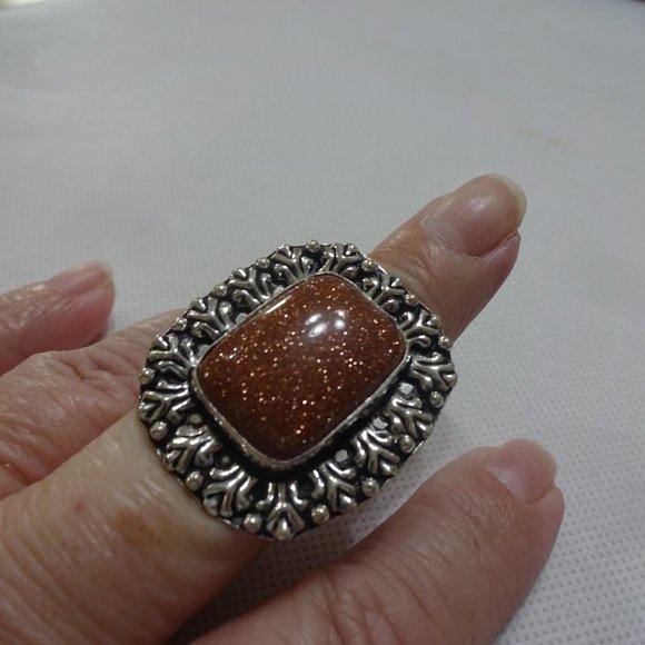 Sparkling "GOLD SUNSTONE" Handmade Sterling Ring Size 8.25 #717A - Picture 1 of 3